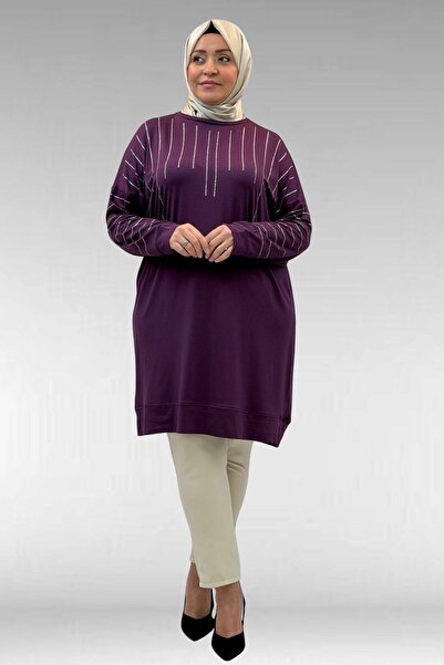 Eslina 68020 Büyük Beden Damla Taş Detaylı Penye Tunik - Mürdüm