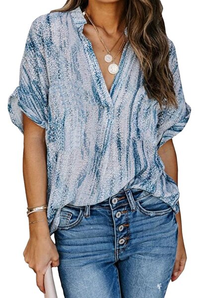 OEM Bluză Tunică Damă Generic XL, Albastră, Decolteu V, Mânecă Scurtă, Casual...