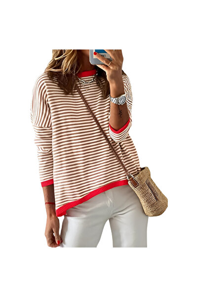 OEM Women's Longsleeve Striped Cotton Blouse White-Brown Size M Round Neckline