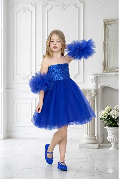 TARZMANYA SAKS MAVİSİ PULLU STRAPLEZ ÇOCUK ABİYESİ