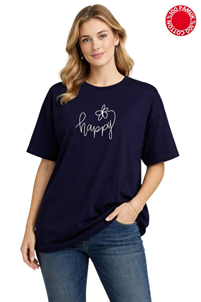 CLAYES ΜΠΛΟΥΖΑΚΙ OVERSIZE ΣΚΟΥΡΟ ΜΠΛΕ ΜΕ ΣΤΑΜΠΑ HAPPY FLOWER - 100% ΒΑΜΒΑΚΙ