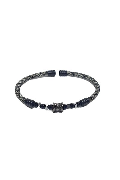 JTSS26BLK1732 PASLANMAZ ÇELİK BİLEZİK HAKİKİ DERİ KAPLAMA METAL APARATLI ve DOĞALTAŞ BİLEKLİK