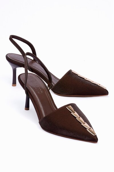 Mubiano Women's Satin Stiletto Pointed Toe Gold Detailed Open Back Evening Dr...