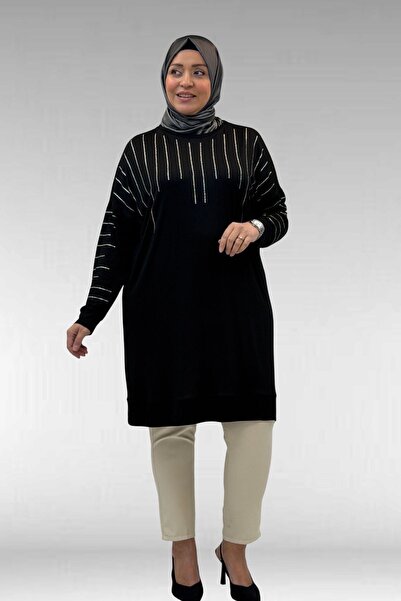 Eslina 68020 Büyük Beden Damla Taş Detaylı Penye Tunik - Siyah
