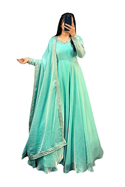 MYSMAR مينت فندي ثوب حرير مع وشاح - FFT7345 -Mint