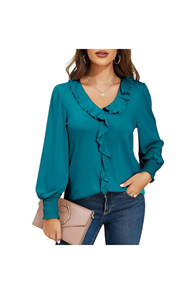 OEM Moda Bluza Dama - Vintage - marime XXL - Turcoaz - Decolteu in V cu Manec...