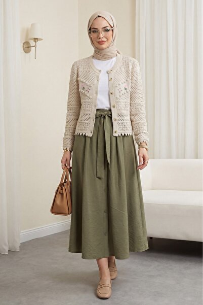 Modamorfo Floral Embroidered Pompom Buttoned Knitwear Cardigan - Stone