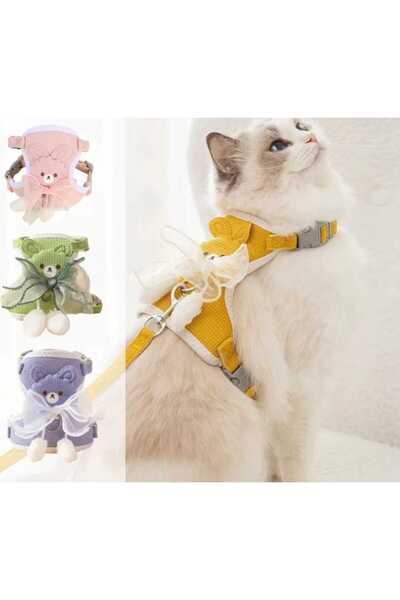 Dalian Home Kedi Gezdirme Tasması Göğüs Tasma Seti Sevimli Tavşan Desenli Kurdeleli Tasma