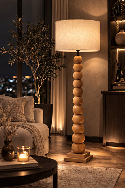 Vinner Vellora Masif Ahşap Küre Lambader – Krem Keten Başlıklı Premium Aydınl...