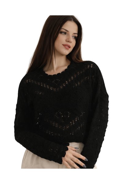 ModaAzen Black Color Embossed Patterned Lace Pack Lace-Like Knit Transitional Women's Knitwear Sweater