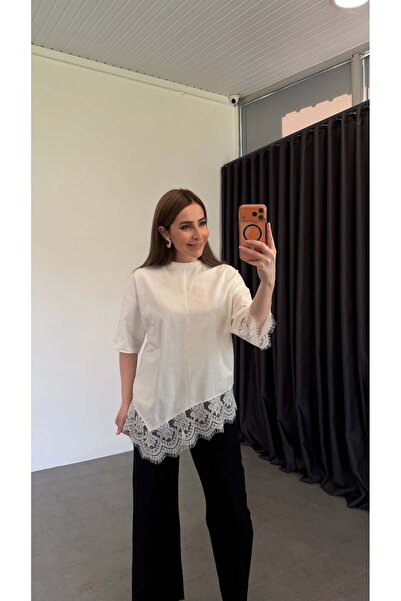 elif teke بلوزة مكونة من دانتيل قطع بأكمام وطرف غير متماثلين، لون إكرو