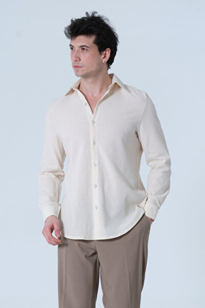 RELAXL Battal Size 100% Cotton Long Sleeve Comfortable Fit Cream Men's Shirt