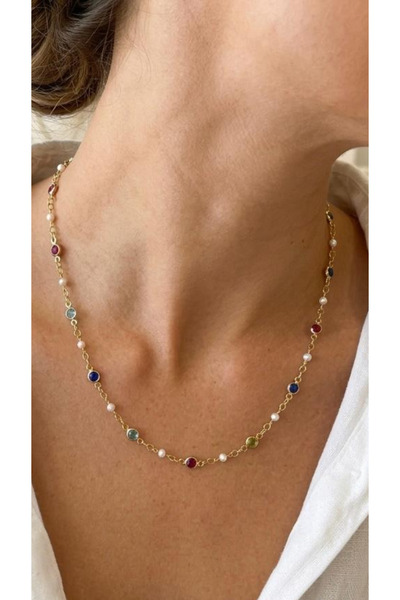 Wind Silver İncili Mix Doğum Taşlı Kolye 925