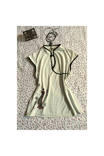 İsra Ayyıldız Moonstar Collection Ekru Mandarin Yaka Vintage Geisha Baskılı Y...