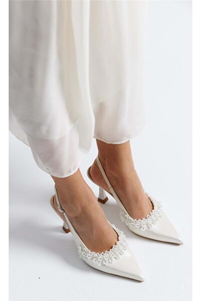 KCMN Feles Beaded Detailed Open Back Stiletto Women's Heeled Shoes White