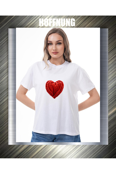 HOFFNUNG تيشيرت للجنسين بأكمام قصيرة وياقة دائرية وطباعة على شكل قلب بلون واحد