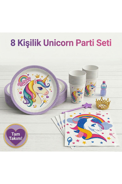 Unıcorn Temalı Doğum Günü Parti Seti-Tabak-Bardak-Peçete Seti-8 Kişilik