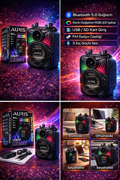 Auris RGB LED Işıklı Bluetooth Hoparlör Taşınabilir USB SD Kart FM Radyo Mini...