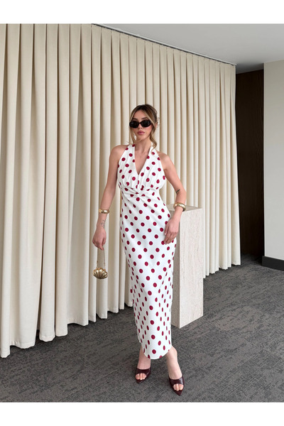 Laluvia فستان إكرو منقّط قطعة تفاصيل الظهر - 4922