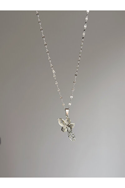 WhimsyWhite Steel Women's Necklace with Flower and Butterfly Figures - Elegan...