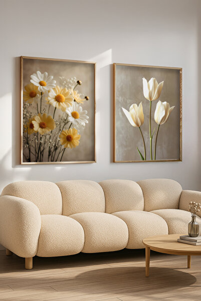 STARYUNA Wooden Framed Daisy and Tulip Flower Themed Double Painting Set Yuna636