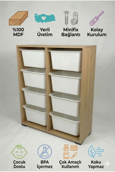 yabilmo %100 MDF Gövde Kolay Minifix Bağlantı 8 Çekmeceli Çok Amaçlı Oyuncak ...