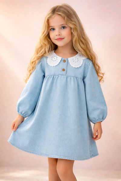 almira anne bebek Kız Çocuk Kot Elbise Yazlık Düğmeli Yakalı Mavi Renk