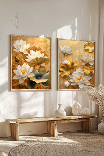STARYUNA Wooden Framed Golden Lotus Flowers Double Painting Set Yuna634