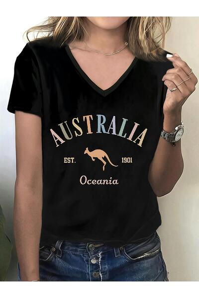 mercoledi Γυναικείο μπλουζάκι Australia με τύπωμα με λαιμόκοψη V και μανίκια ...