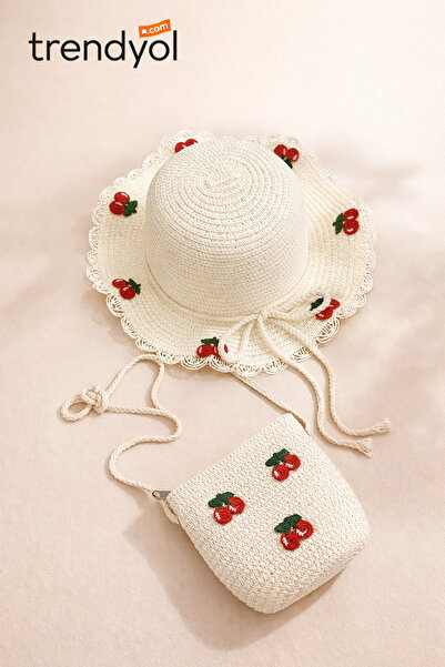 TALKAN Kiraz Deseni Yazlık Hasır Görünümlü Kız Çocuk Şapka Çanta Takımı
