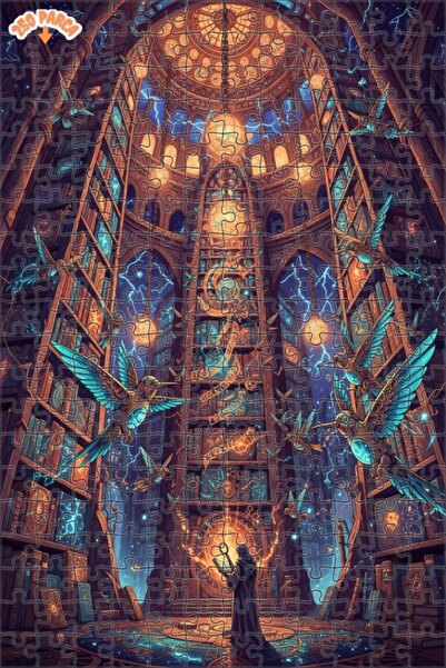 Esranın Dünyası Mysterious Library and Flying Birds Digital Art Double-Layer ...
