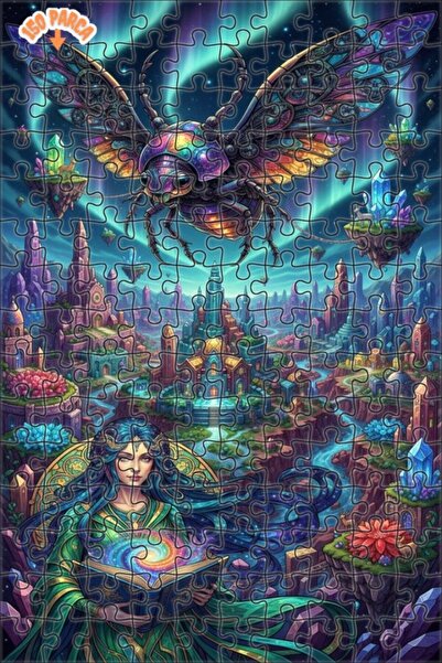 Esranın Dünyası Fantastic Woman and Colorful Insect Double-Layer Framed Woode...