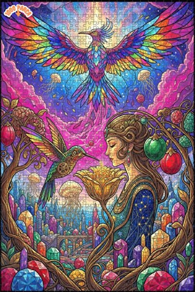 Esranın Dünyası Fantastic Bird and Woman Luminous Crystal City Double-Layer F...