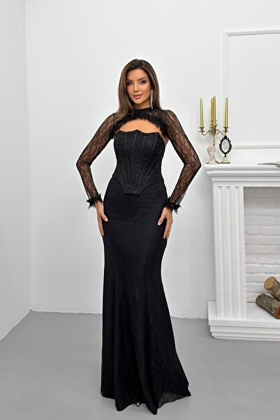 İyem Abiye Bolerolu Ve Dantelli Balenli Şık Tasarım Abiye Elbise Dar Kalıp