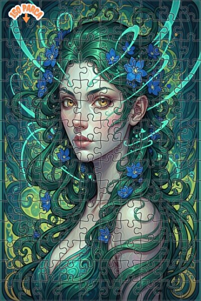 Esranın Dünyası Green-Haired Fairy Queen Oil Painting Look Wooden Puzzle with...