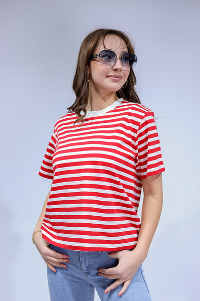 ELİT SHOES Striped Crew Neck Cotton Textured Women's T-Shirt