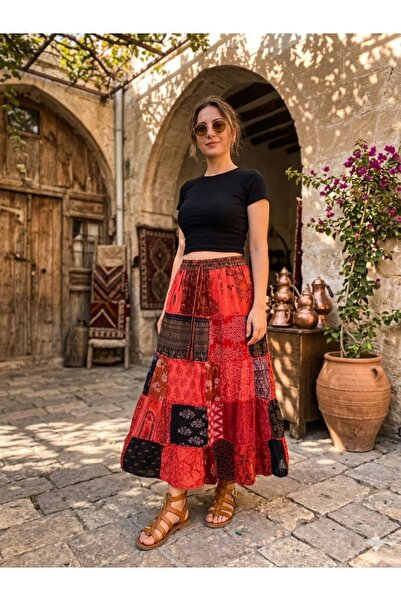 AYASOFYA OTANTIK Fusta lungă cu model etnic nepalez pentru femei model petici...