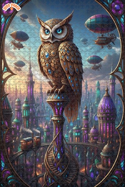 Esranın Dünyası Magical Steampunk Owl City Oil Painting Double-Layer Framed W...