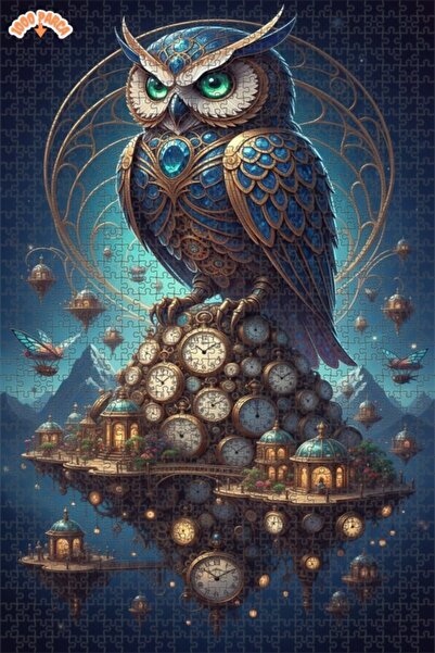 Esranın Dünyası Magical Time Owl Oil Painting Lookalike Double-Layer Framed W...