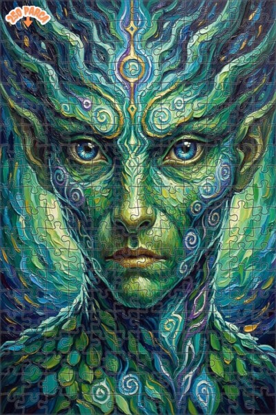 Esranın Dünyası Green Faced Nature Spirit Oil Painting Lookalike Double-Layer...