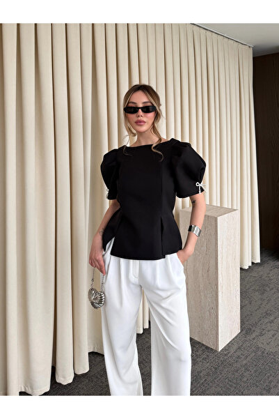 Laluvia Black Sleeve Pearl F Bow Detail Blouse - 5001