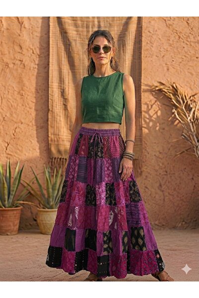 AYASOFYA OTANTIK Γυναικεία έθνικ φούστα Νεπάλ με ελαστική μέση και μήκος Patc...