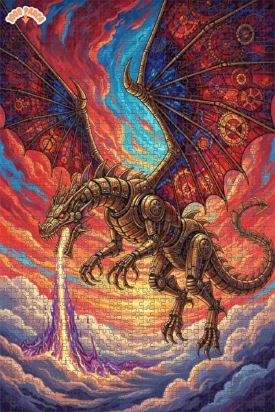 Esranın Dünyası Steam Dragon Art Oil Painting Look Double Layer Framed Wooden...