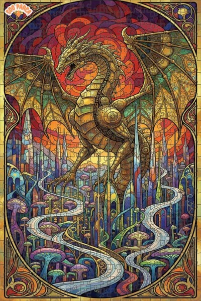 Esranın Dünyası Mechanical Dragon City Stained Glass Art Double-Layer Framed ...