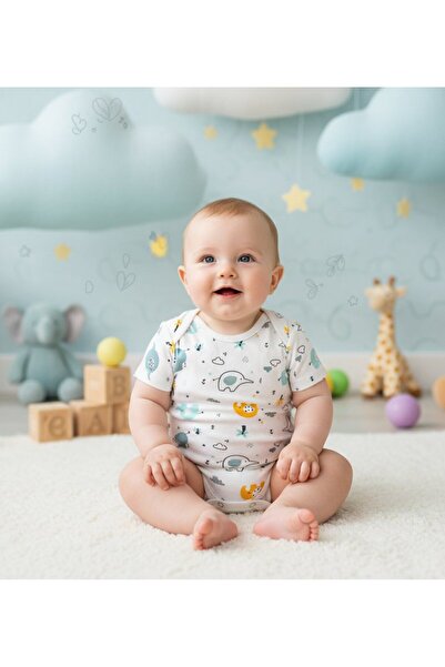 SEDİRLİ بدلة بيبي زيبين بيبي مطبوع بيبي زيبين بأكمام قصيرة باللون الأبيض برقب...