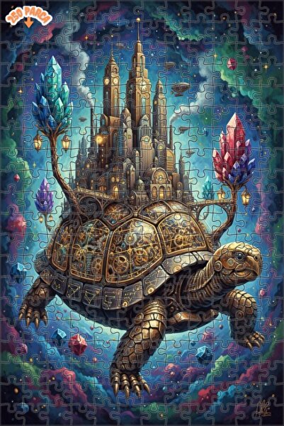 Esranın Dünyası Flying Turtle City Steampunk Oil Painting Double-Decker Frame...