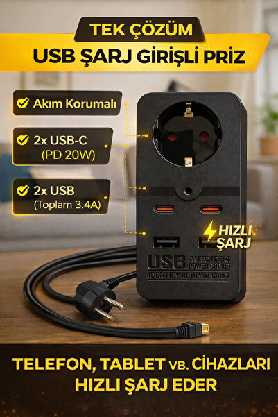 PRİMELUXRY SHOP USB Şarj Girişli Priz Çoklayıcı – Akım Korumalı Tekli Priz Ad...