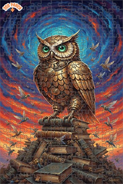 Esranın Dünyası Mechanical Owl Steampunk Art Book Stack Double-Layer Framed W...