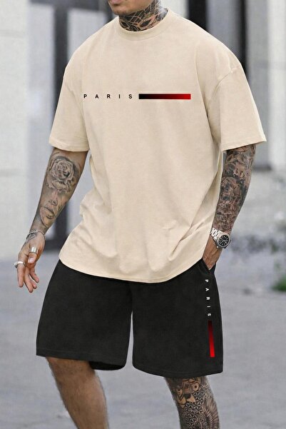 zeag Men's Paris Red Line Printed T-Shirt Shorts Set