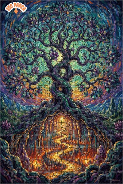 Esranın Dünyası Tree of Life Crystal Leaves Oil Painting Look Wooden Puzzle w...